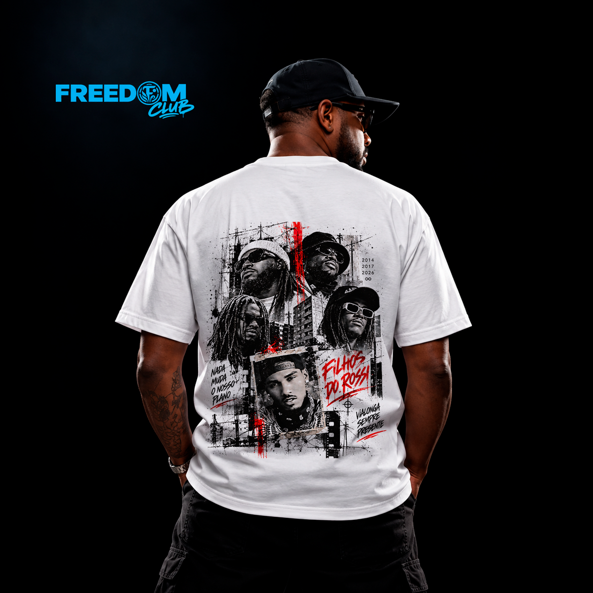 T-Shirt Filhos do Rossi — Wet Bed Gang, branca, vista de costas