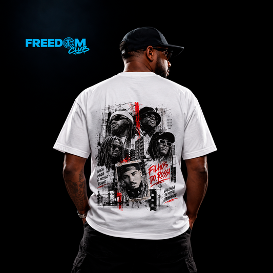 T-Shirt Filhos do Rossi — Wet Bed Gang, branca, vista de costas